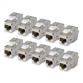 StarTech.com Ekranuotas Cat6a Keystone Jack modulis, 10 vnt. pakuotė, RJ45 Ethernet jungtis, STP Cat6a sieninis lizdas, 180 laipsnių, be įrankių, plokščias, sidabrinis