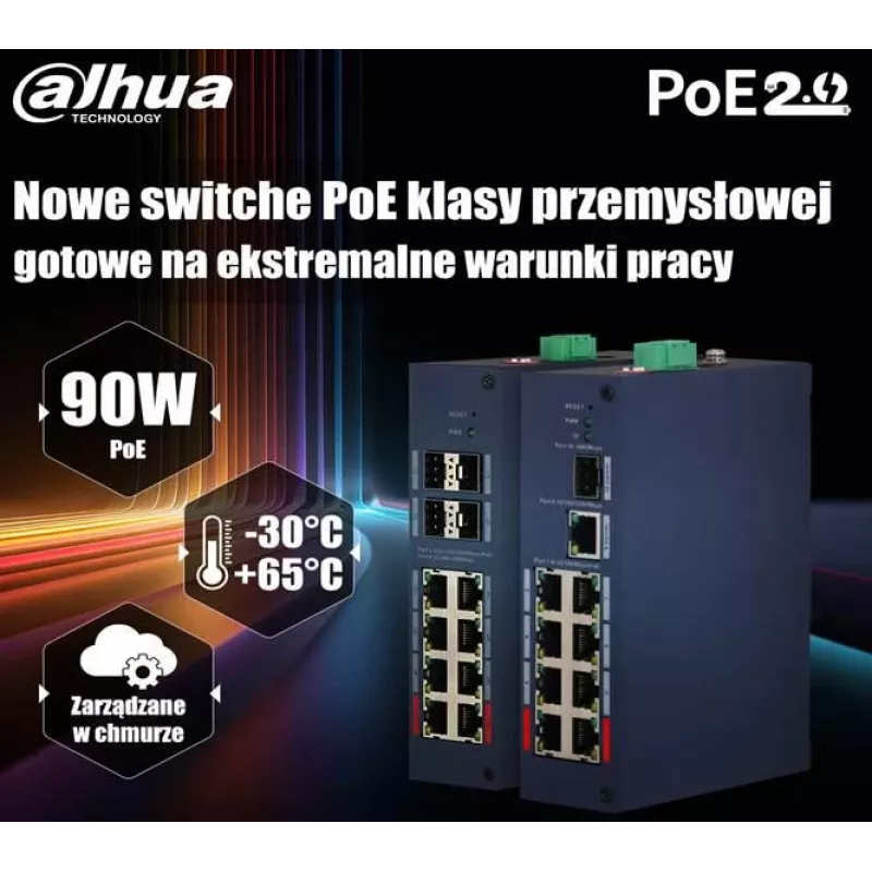 Dahua CHS4412-8GT-125 pramoninis valdomas jungiklis, 12 prievadų (8x Gigabit RJ45 + 4x SFP), dviguba nuolatinės srovės maitinimo įvestis, DIN bėgelis