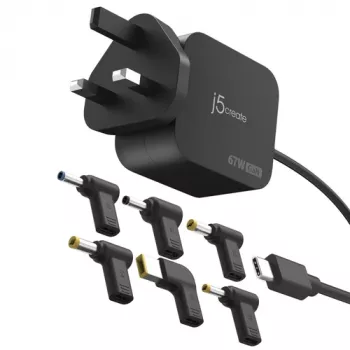 J5CREATE 67W GaN PD USB-C Mini Charger UK Plug su 6 DC jungtimis