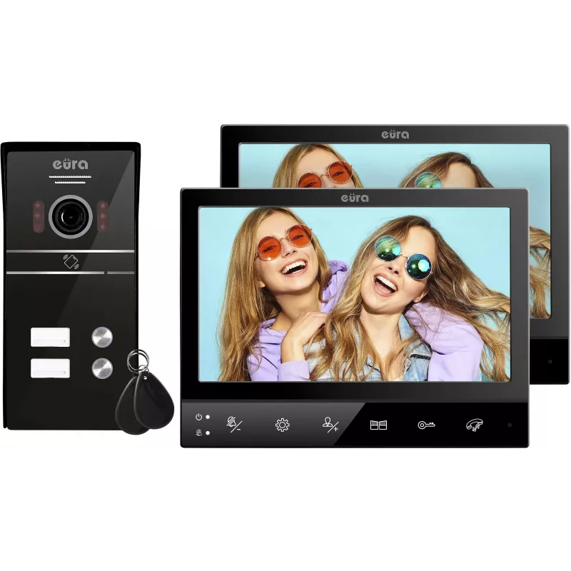 Eura VDP-80C5 Dviejų šeimų vaizdo domofono sistema, juoda, 2x 7 inch LCD, FHD, 2 įėjimai, 1080p kamera, RFID skaitytuvas, paviršinis montavimas