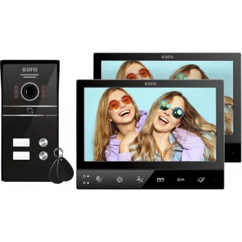 Eura VDP-80C5 Dviejų šeimų vaizdo domofono sistema, juoda, 2x 7 inch LCD, FHD, 2 įėjimai, 1080p kamera, RFID skaitytuvas, paviršinis montavimas