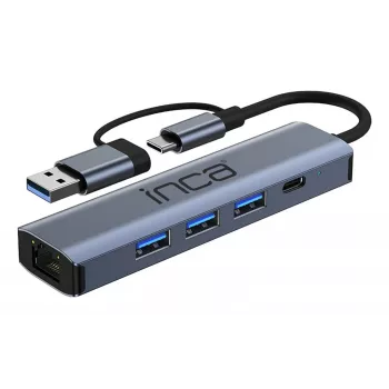 INCA Hub IUTP-5T USB-C/A į 3x USB-A 3.0 / RJ45 5 Gbit/s Pilka