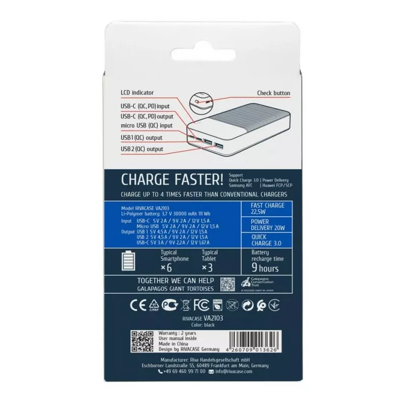 Rivacase VA2103 Power Bank 30000 mAh 22.5W Black