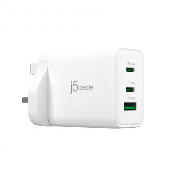 J5CREATE 65W GaN USB-C 3 prievadų įkroviklis UK Baltas