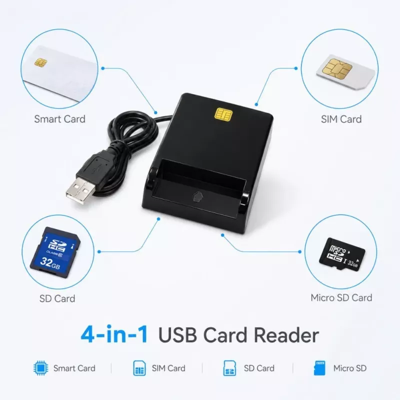 iLike 4-in-1 USB Smart Card Reader su SIM, SD ir Micro SD palaikymu, CAC skaitytuvas ID kortelėms, banko kortelėms, eID ir atminties kortelėms, juoda