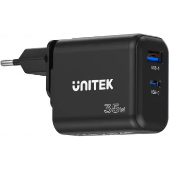 UNITEK GaN PD 35W USB-C + USB-A sieninis įkroviklis juodas