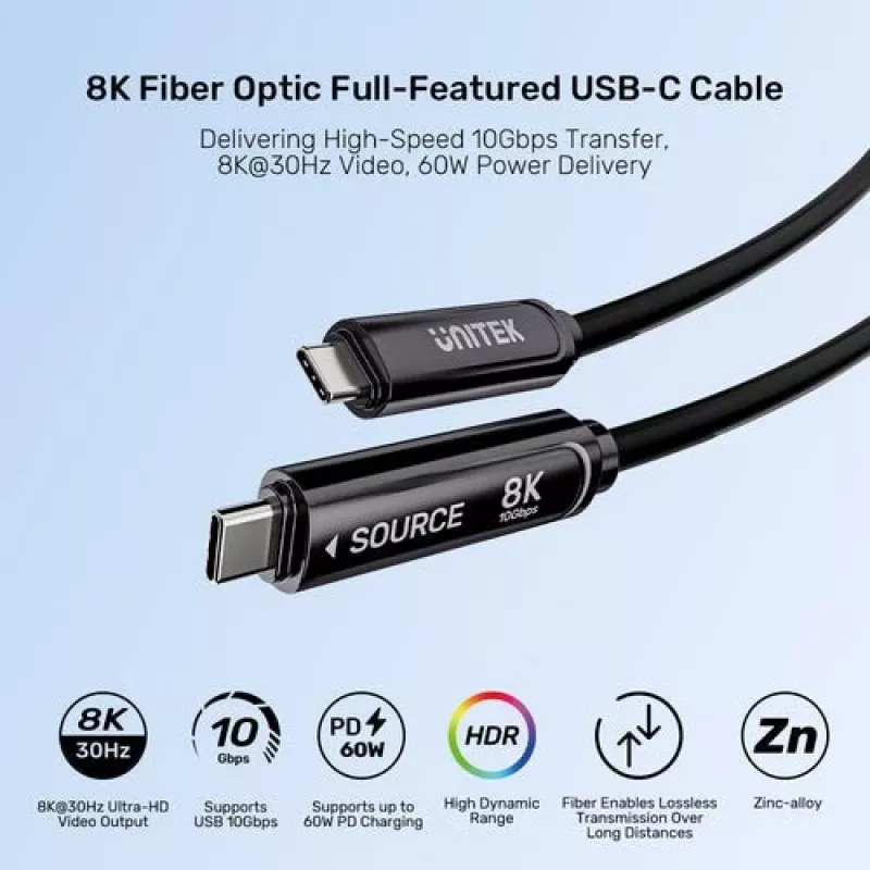 UNITEK USB-C Active Optical Cable 5m - 10Gbps, PD 60W, 8K@30Hz, Black