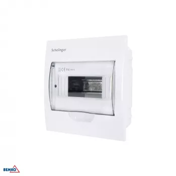 SCHELINGER A80-RDP-IP40-NPE-08P Įleidžiamas skirstomasis skydas IP40, 8 moduliai, 1 eilė, 8N+8PE gnybtai, permatomos durelės, baltas