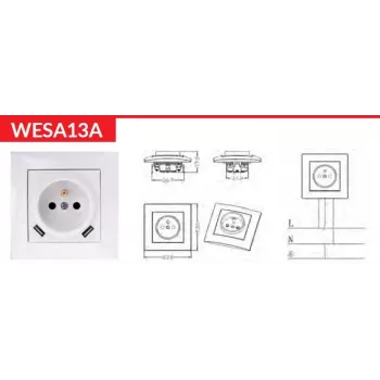 VCX WESA LC 13A Vienvietis Kištukinis Lizdas su USB Įkrovikliu Baltas