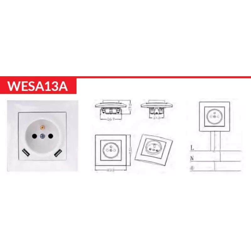 VCX WESA LC 13A Vienvietis Kištukinis Lizdas su USB Įkrovikliu Baltas