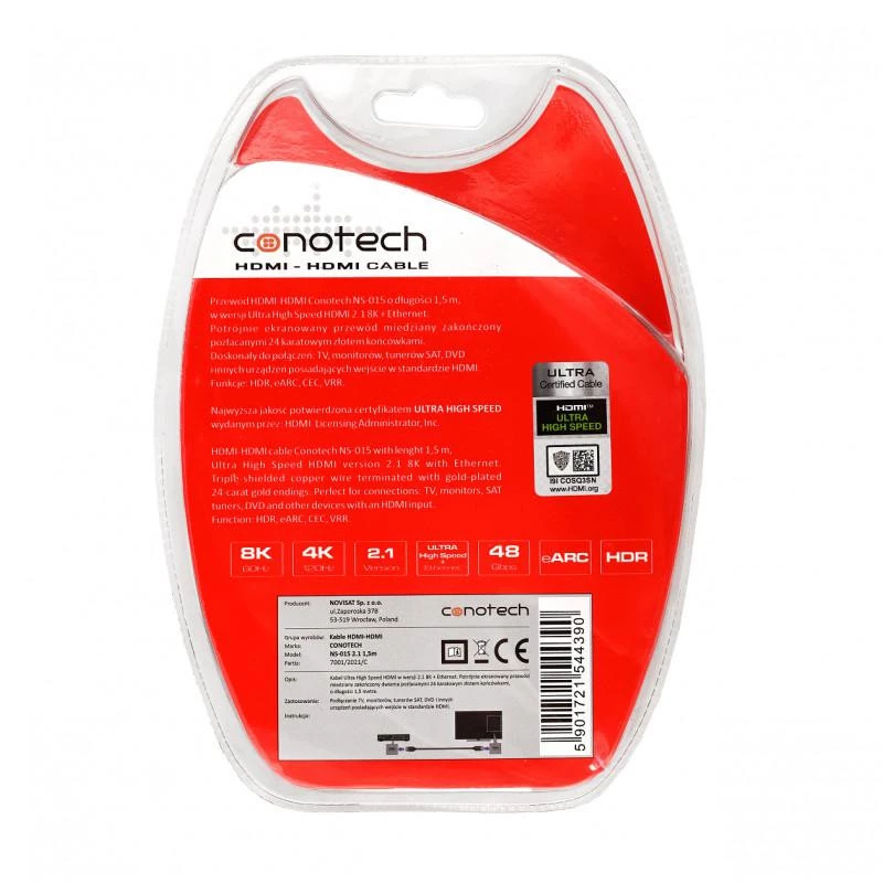 CONOTECH NS-015 2.1 8K HDMI kabelis 1,5m Ultra High Speed 48Gbps juodas