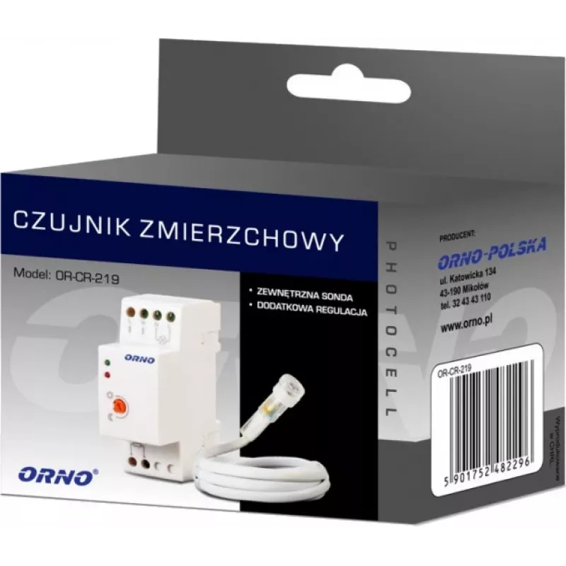 ORNO OR-CR-219 DIN bėgio prieblandos jutiklis su išoriniu fotoelementu, 230V AC, 10A, 2-100 liuksų