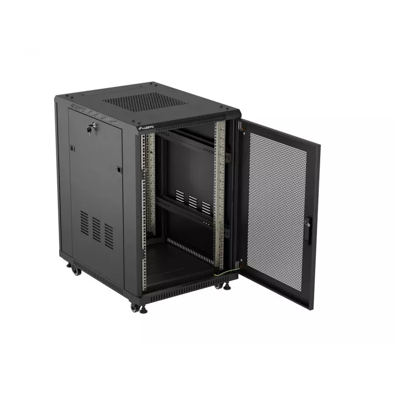 Lanberg 19 colio 18U 600x800 mm juodas ant grindų statomas stelažo korpusas su perforuotomis durimis (plokščios pakuotės)