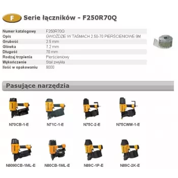 Bostitch F250R70Q 2.50mm x 70mm žiediniai ritiniai vinys, 9000 vnt. pakuotė