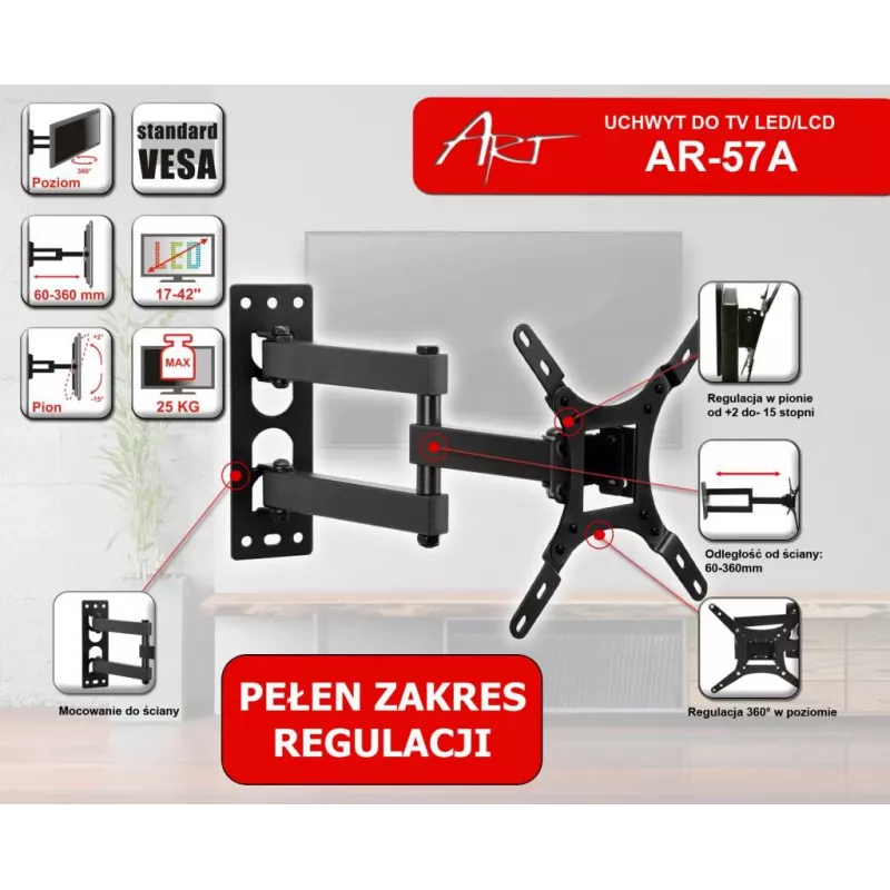ART AR-57A Fiksuotas TV laikiklis sienai LED/LCD 17-42 colių juodas