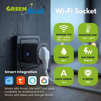 GreenBlue nuotoliniu būdu valdomas WiFi kištukinis lizdas, Android/iOS/Alexa/Google Home, laikmatis, vatmetras, maks. 16A/3840W, GB735 B
