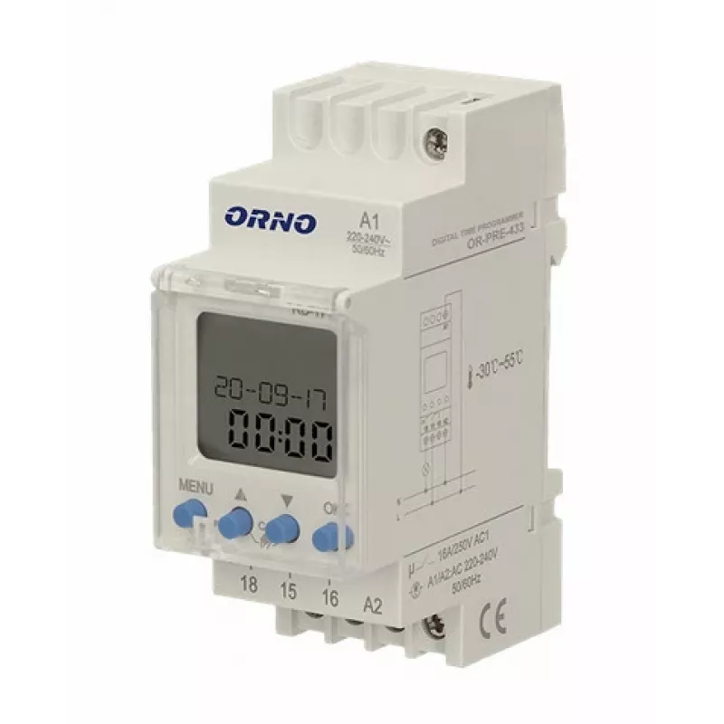 ORNO OR-PRE-433 elektroninis savaitinis laikmatis, DIN bėgis, 16A/3680W, 16 programų, 230V
