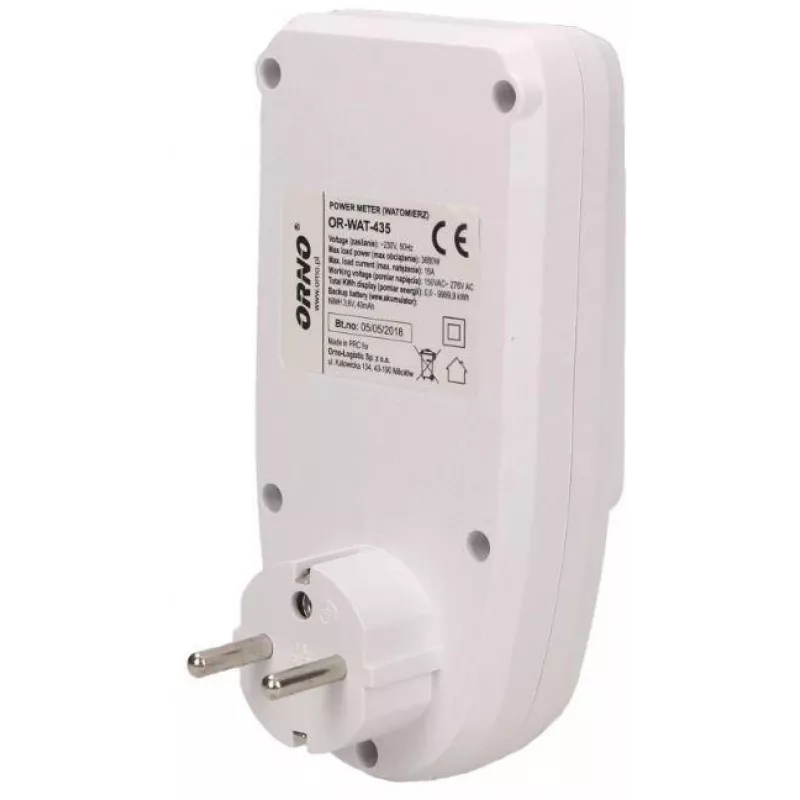 ORNO OR-WAT-435 Skaitmeninis energijos matuoklis su LCD ekranu, 230V, 16A, 3680W, F tipo kištukas