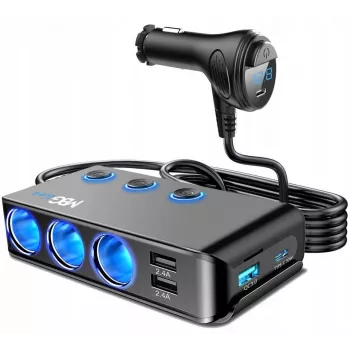 MBG Line HC67C Dvigubas cigarečių degiklio lizdo skirstytuvas su 3 USB-A prievadais, 120W, juodas