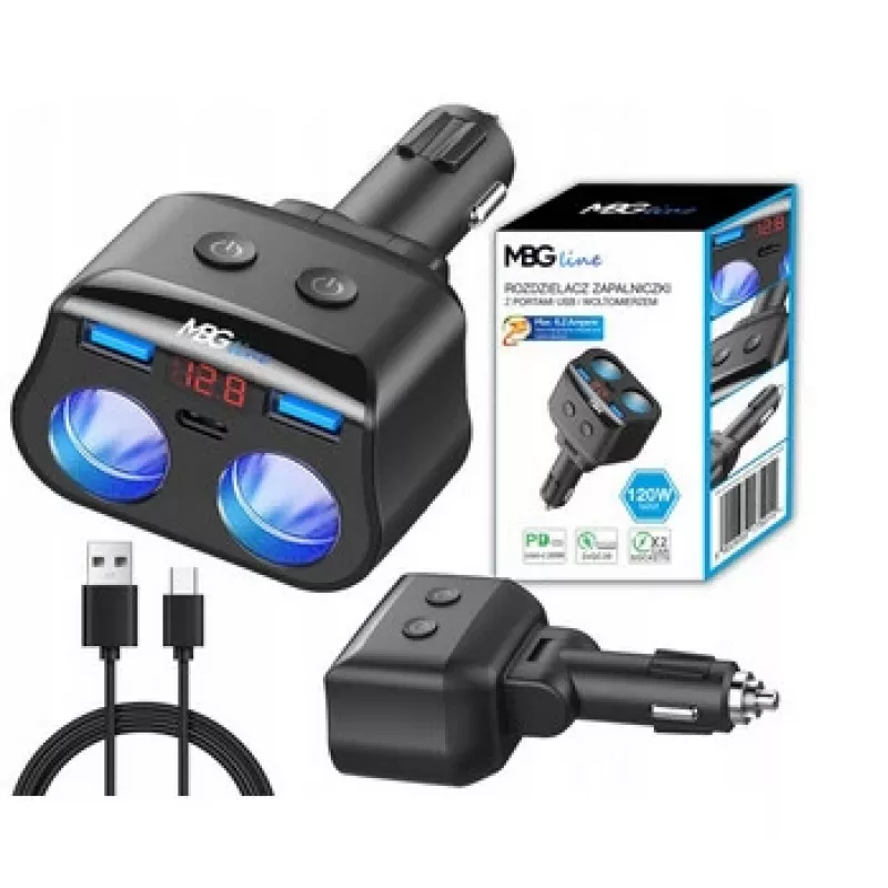 MBG Line HC69PD 3 krypčių automobilinis žiebtuvėlio daliklis su 2x USB-C PD 30W ir 2x USB-A QC 3.0, LED įtampos indikatoriumi, 180W