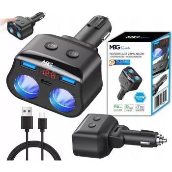 MBG Line HC69PD 3 krypčių automobilinis žiebtuvėlio daliklis su 2x USB-C PD 30W ir 2x USB-A QC 3.0, LED įtampos indikatoriumi, 180W