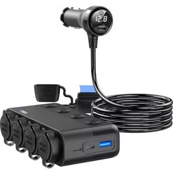 MBG Line HS75AD Automobilinis žiebtuvėlio lizdo daliklis su 2 lizdais ir 3 USB prievadais, 75 cm kabeliu, juodas