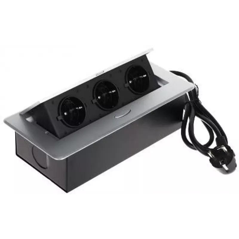 DELTA FPS-3S/CABLE Baldų elektros lizdų blokas su 3 lizdais, 1,5 m laidu, juodas