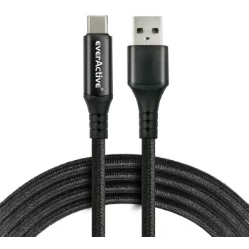 EVERACTIVE USB-A į USB-C laidas su LCD ekranu, 2m, 3A, 60W PD, nailono pynė, juoda