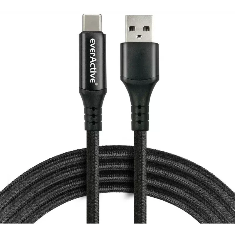 EVERACTIVE USB-A į USB-C laidas su LCD ekranu, 2m, 3A, 60W PD, nailono pynė, juoda