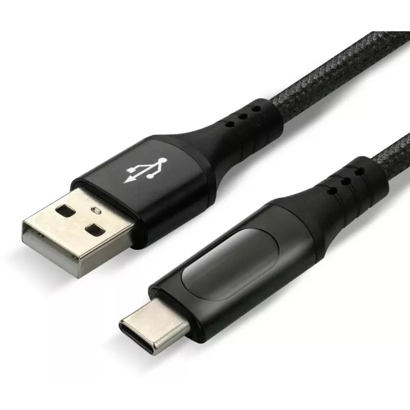 EVERACTIVE USB-A į USB-C laidas su LCD ekranu, 2m, 3A, 60W PD, nailono pynė, juoda