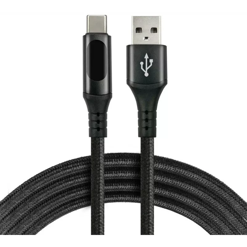 EVERACTIVE USB-A į USB-C laidas su LCD ekranu, 2m, 3A, 60W PD, nailono pynė, juoda