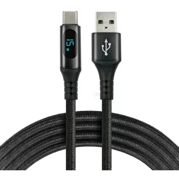 EVERACTIVE USB-A į USB-C laidas su LCD ekranu, 2m, 3A, 60W PD, nailono pynė, juoda