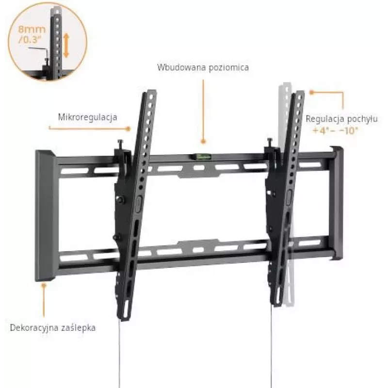 GETFORT GF-T3780-75 Pakreipiamas TV laikiklis sienai, LED/LCD 37-80 colių, 75kg, VESA 650x405mm, juodas