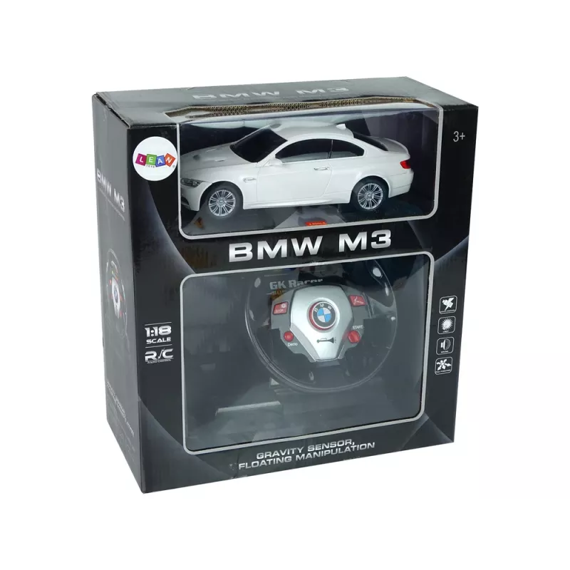 LEAN TOYS nuotoliniu valdymu BMW M3 baltas 2.4G vairo pultas 1:18 garsas šviesos