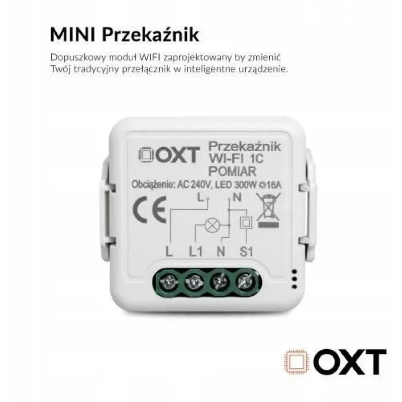 OXT T220P Wi-Fi relių modulis, 1 grandinė, 16 A, energijos matavimas, Tuya