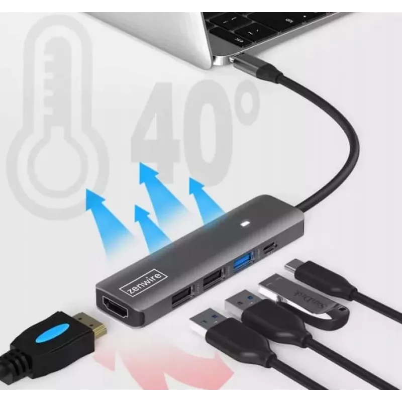 ZENWIRE BS-HC703 USB-C 7-in-1 Hub Adapter su HDMI 4K, USB 3.0, SD kortelių skaitytuvu, Power Delivery 100W, Space Gray