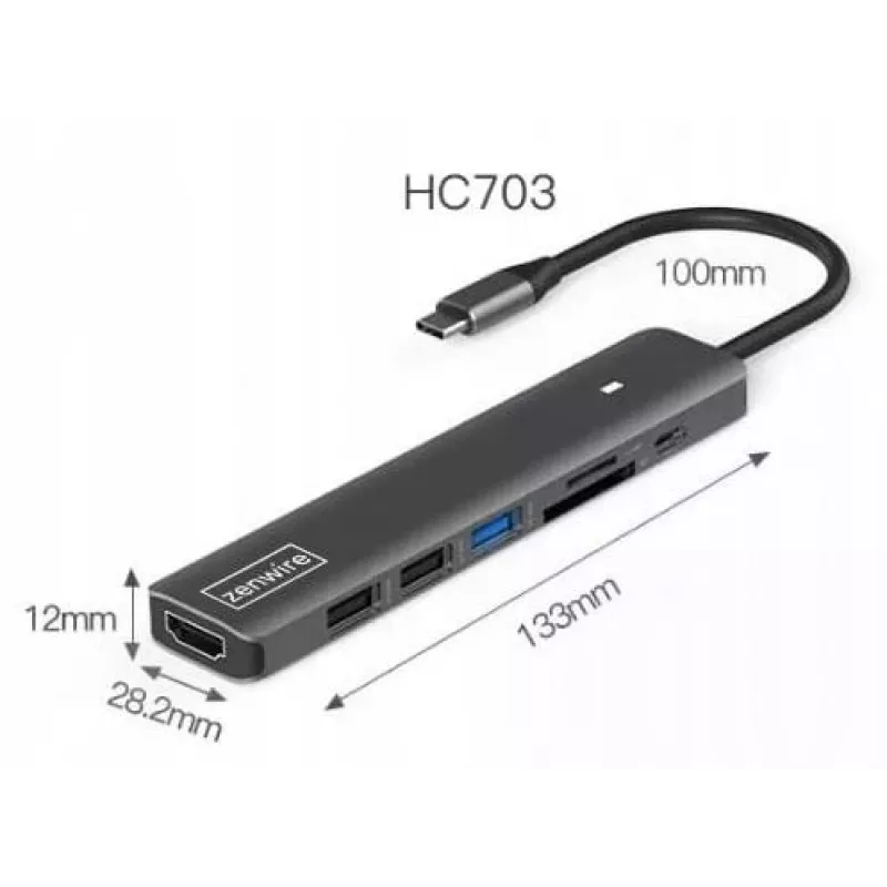 ZENWIRE BS-HC703 USB-C 7-in-1 Hub Adapter su HDMI 4K, USB 3.0, SD kortelių skaitytuvu, Power Delivery 100W, Space Gray