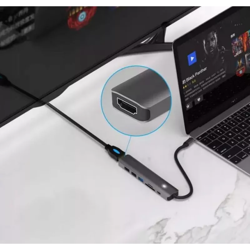 ZENWIRE BS-HC703 USB-C 7-in-1 Hub Adapter su HDMI 4K, USB 3.0, SD kortelių skaitytuvu, Power Delivery 100W, Space Gray