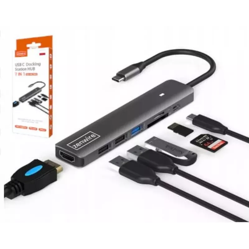 ZENWIRE BS-HC703 USB-C 7-in-1 Hub Adapter su HDMI 4K, USB 3.0, SD kortelių skaitytuvu, Power Delivery 100W, Space Gray