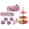LEAN TOYS Arbatos rinkinys lagamine - 15 dalių skardinis stalo indų rinkinys su puodeliais, lėkštelėmis, pyrago stovu ir padėklu - rožinė, mėlyna, balta gėlių raštas - nešiojamas vaidmenų žaidimo žaislas vaikams nuo 3 metų