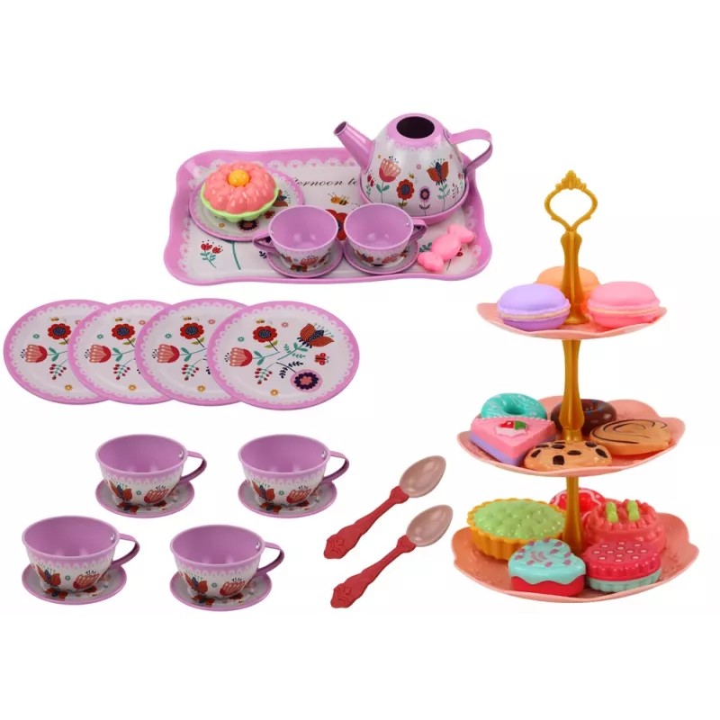 LEAN TOYS Arbatos rinkinys lagamine - 15 dalių skardinis stalo indų rinkinys su puodeliais, lėkštelėmis, pyrago stovu ir padėklu - rožinė, mėlyna, balta gėlių raštas - nešiojamas vaidmenų žaidimo žaislas vaikams nuo 3 metų