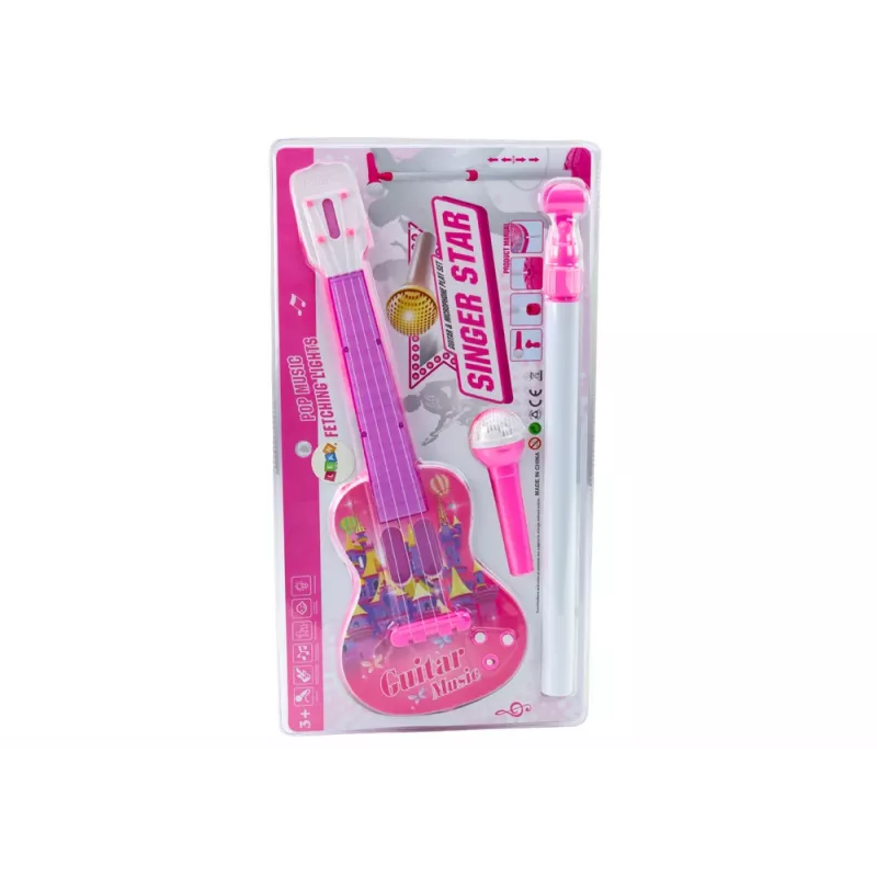 LEAN TOYS Elektrinės gitaros stovo rinkinys su mikrofonu, maitinamas baterijomis, rožinis