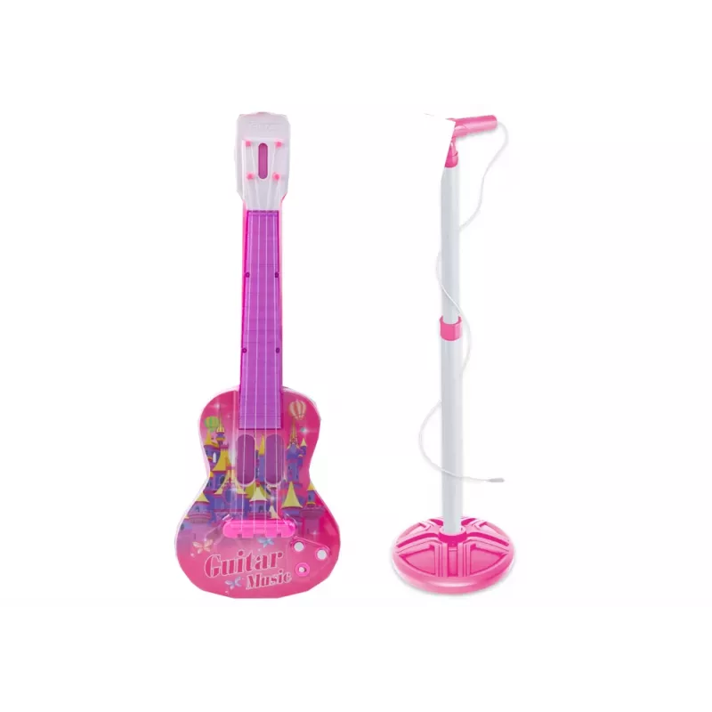 LEAN TOYS Elektrinės gitaros stovo rinkinys su mikrofonu, maitinamas baterijomis, rožinis