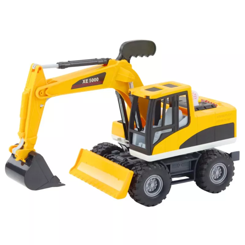 LEAN TOYS Construction Backhoe Bulldozer su pasukamu kaušu, kabina, šviesomis ir garsais