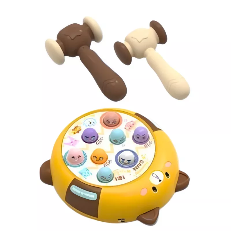 LEAN TOYS Whack-A-Mole įgūdžių žaidimas su dviem plaktukais, kačiukas, geltona, ruda