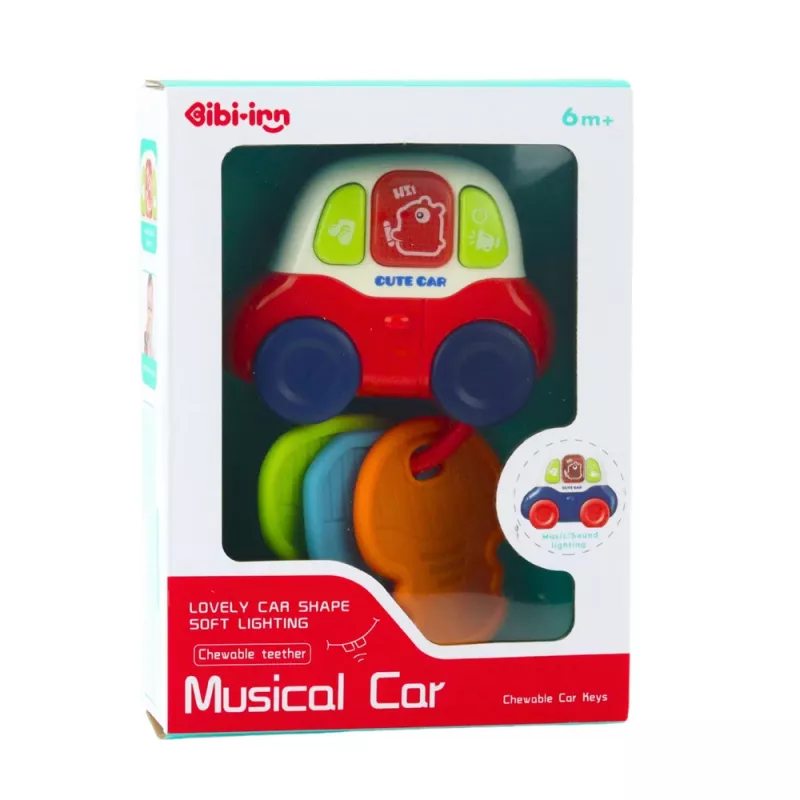 LEAN TOYS Interaktyvus žaislinis automobilis su dantukų žiedais, rakteliais, švieselėmis ir garsais