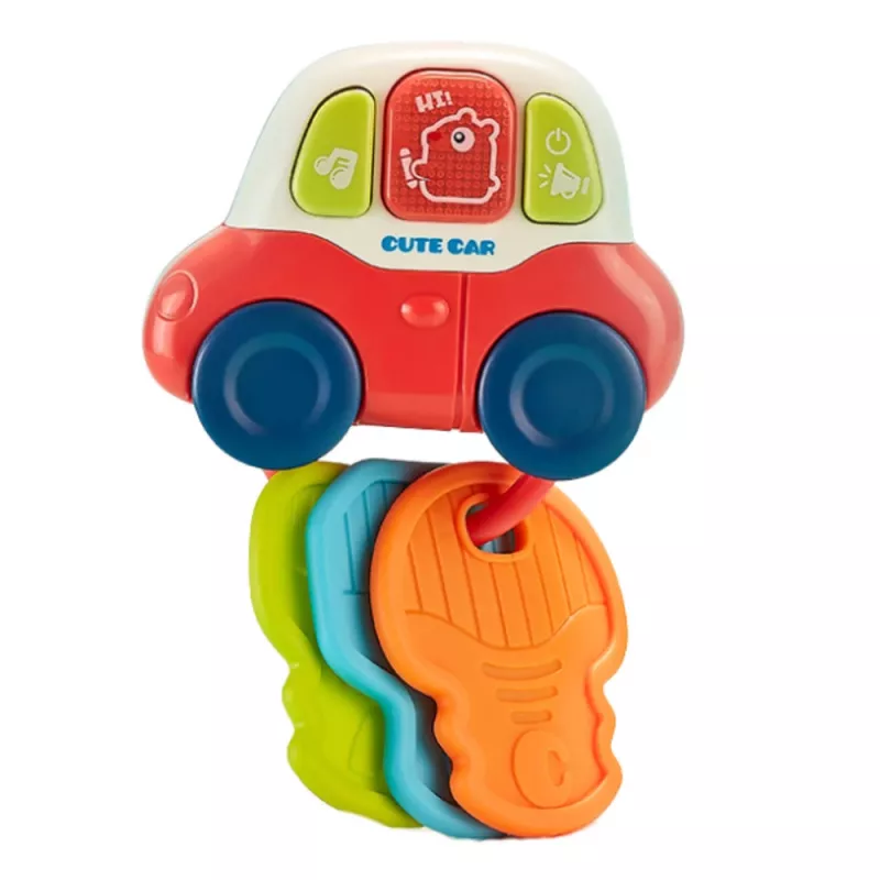 LEAN TOYS Interaktyvus žaislinis automobilis su dantukų žiedais, rakteliais, švieselėmis ir garsais