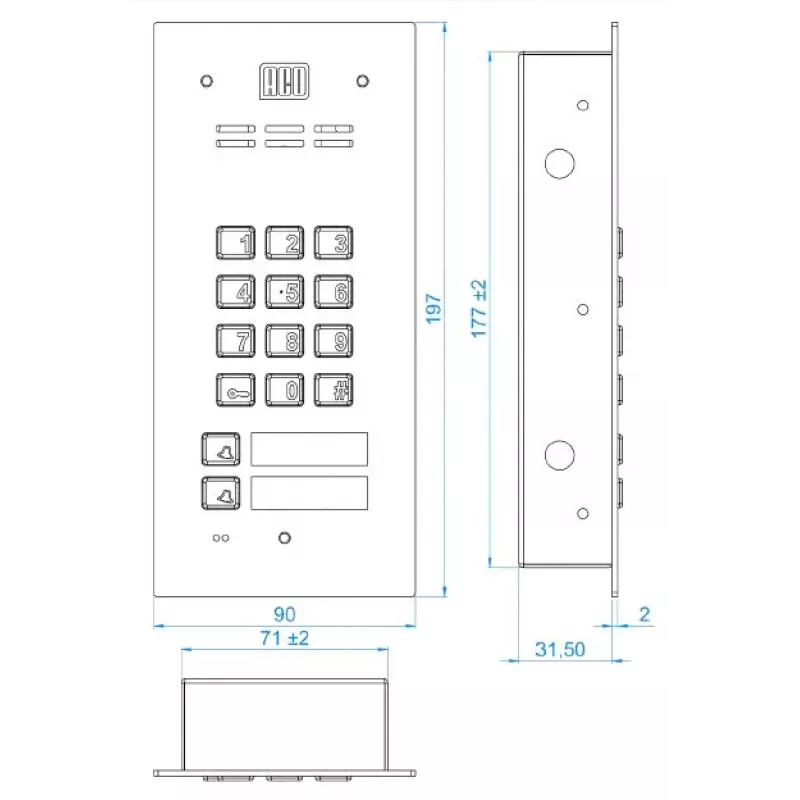ACO FAM-P-2NPZSACC 2-šeimų įleidžiamas lauko skambučio skydelis su RFID skaitytuvu ir kodine spyna, sidabrinis