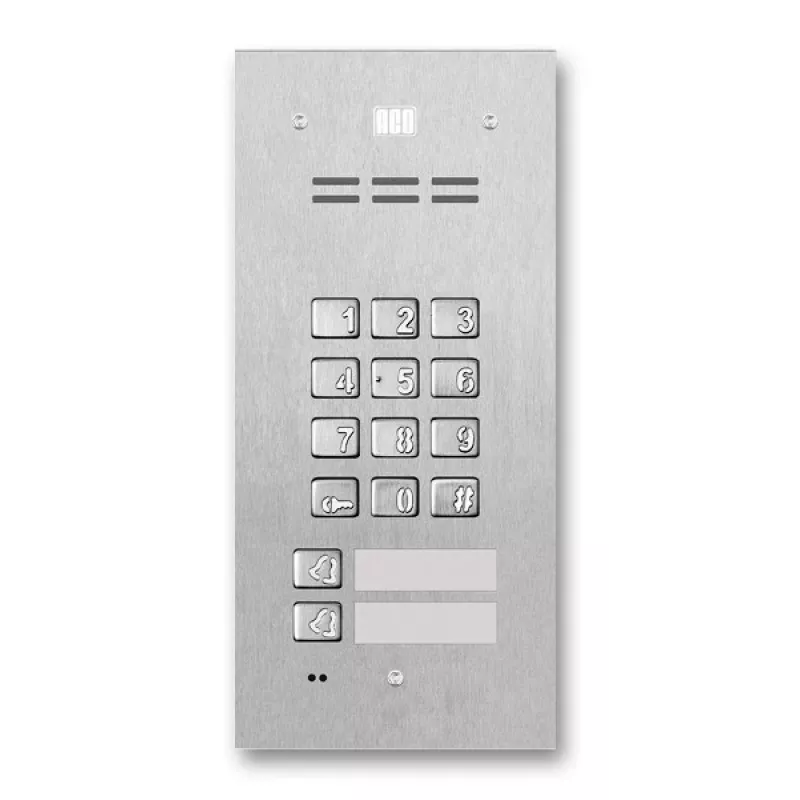 ACO FAM-P-2NPZSACC 2-šeimų įleidžiamas lauko skambučio skydelis su RFID skaitytuvu ir kodine spyna, sidabrinis