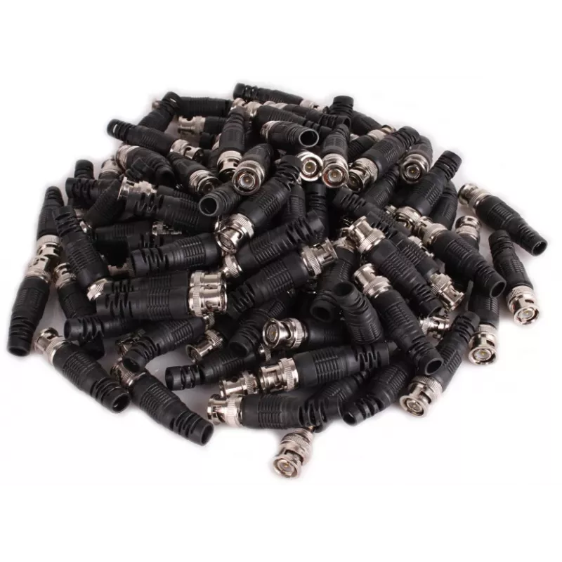 BNC kištukinis jungiklis RG-59 koaksialiniam kabeliui, 75 omų, užsukamas, plastikinis korpusas, juodas, 100 vnt.